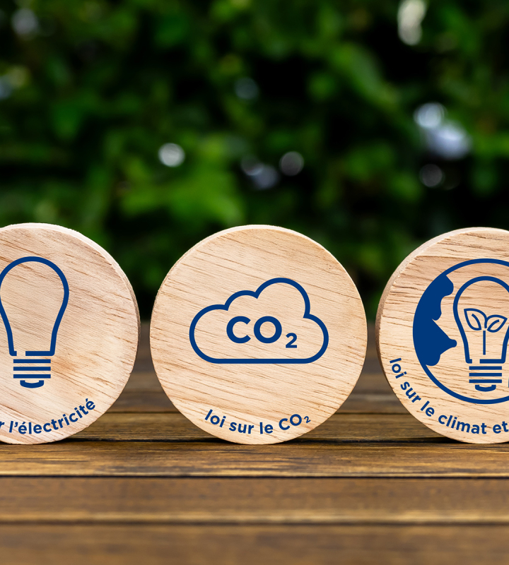 Trois disques en bois représentant la loi sur l'électricité, la loi sur le CO2 et la loi sur le climat et l'innovation, avec des icônes correspondantes, sur une table en bois