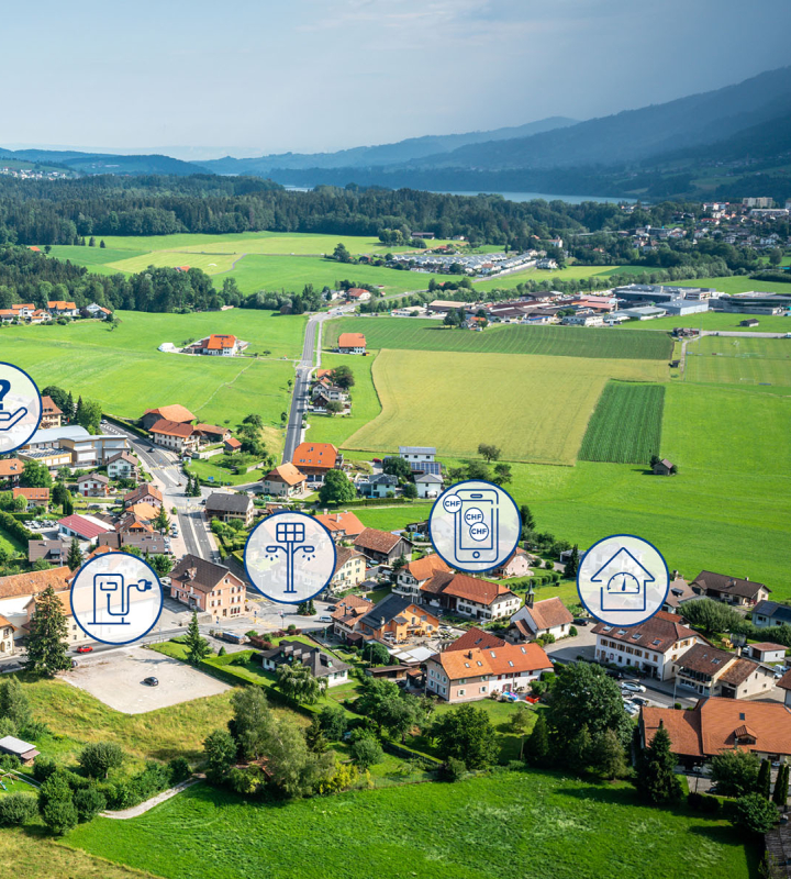 Vue aérienne d'un village situé en Suisse occidentale