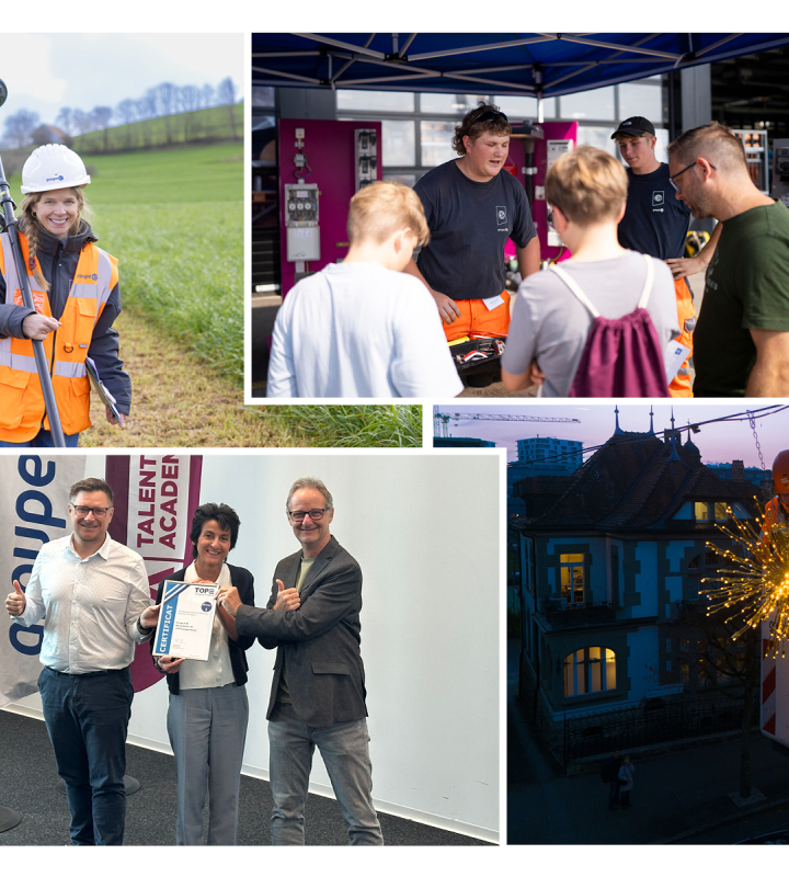 Montage photo illustrant des scènes du quotidien chez Groupe E, mettant en valeur la diversité des métiers, l’ambiance de travail et les interactions entre collaborateurs.
