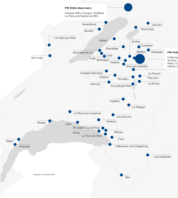 Karte der Fernwärmenetze von Groupe E, in der Westschweiz
