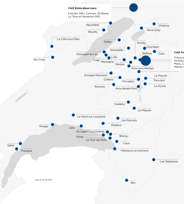 Carte des réseaux de chauffage à distance de Groupe E, en Suisse occidentale