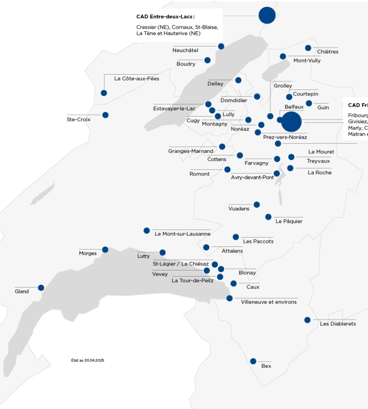 Carte des réseaux de chauffage à distance de Groupe E, en Suisse occidentale