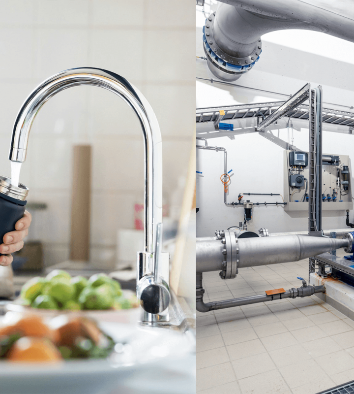 einen Wasserhahn und Wasserleitungen, deren Wasser von Groupe E aufbereitet wird