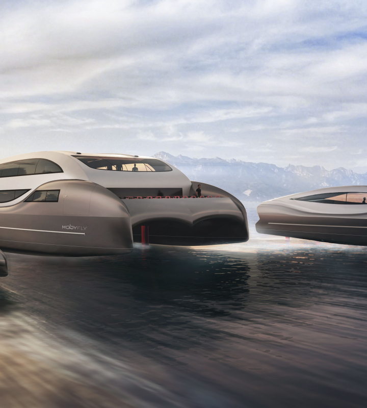 Concept de navires futuristes "MobYFly" sur l'eau, avec des designs élégants et aérodynamiques, semblant flotter au-dessus de la surface grâce à des foils. Ces bateaux à zéro émission représentent l'avenir du transport maritime durable, combinant technologie avancée et respect de l'environnement, dans un cadre naturel de montagnes et de lac en arrière-plan.