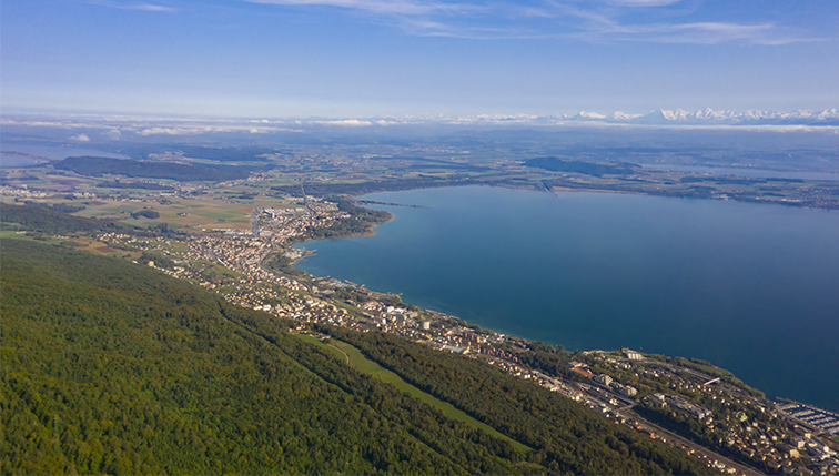Paysage avec lac de Neuchâtel et les alpes en fond