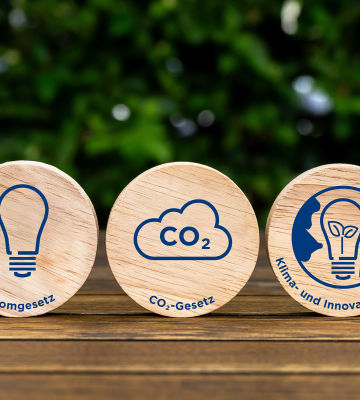 Drei Holzscheiben, die das Stromgesetz, das CO2-Gesetz und das Klima- und Innovationsgesetz mit passenden Symbolen darstellen, auf einem Holztisch