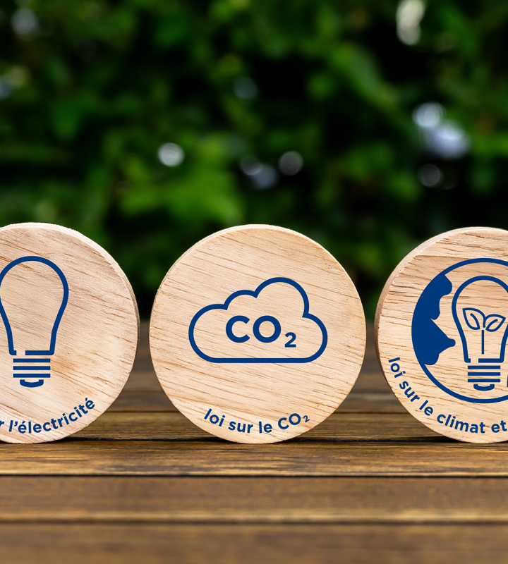 Trois disques en bois représentant la loi sur l'électricité, la loi sur le CO2 et la loi sur le climat et l'innovation, avec des icônes correspondantes, sur une table en bois