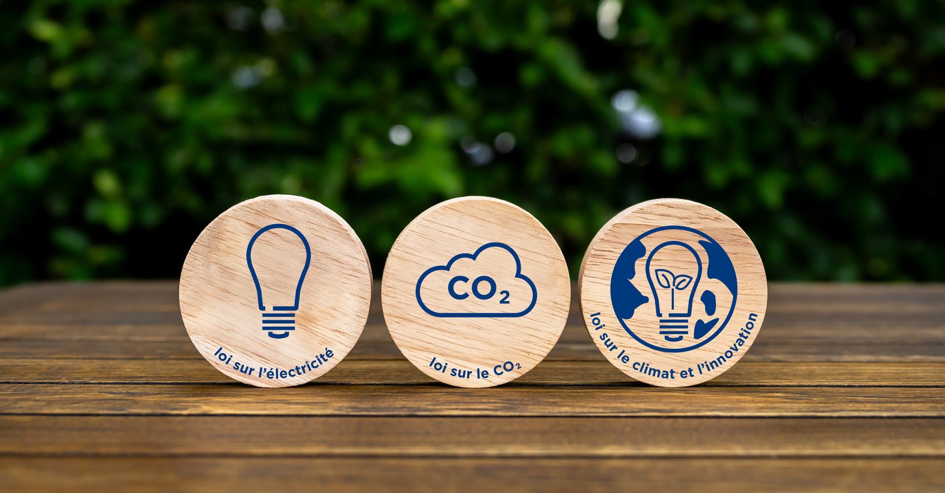 Trois disques en bois représentant la loi sur l'électricité, la loi sur le CO2 et la loi sur le climat et l'innovation, avec des icônes correspondantes, sur une table en bois.