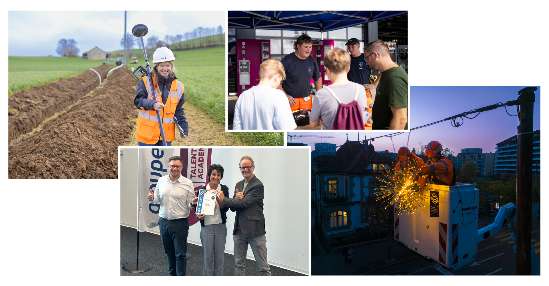 Fotomontage, die Szenen aus dem Alltag bei Groupe E zeigt und die Vielfalt der Berufe, die Arbeitsatmosphäre und die Interaktionen zwischen den Mitarbeitern hervorhebt.