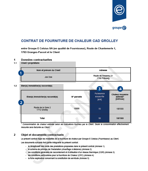 Exemple de facture de chauffage à distance de Groupe E