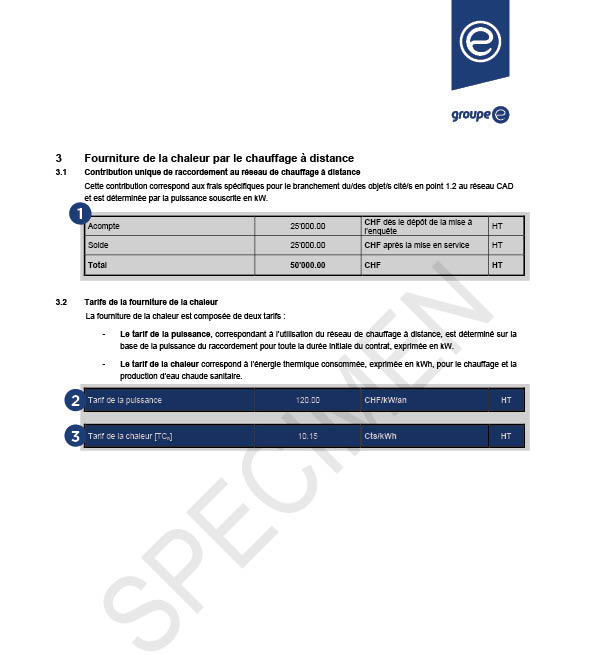 Capture d'écran d'un contrat de chauffage à distance Groupe E