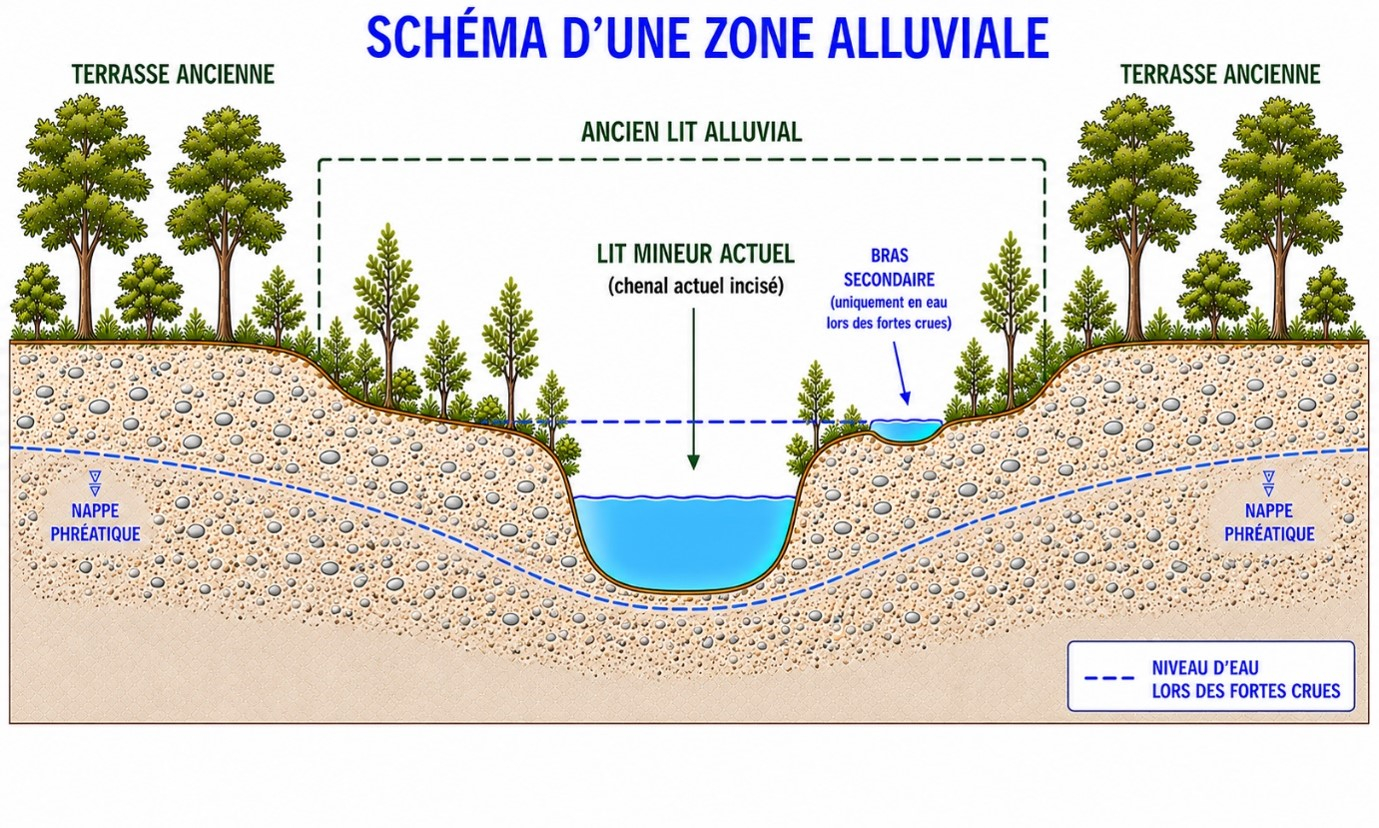 Shéma représentant une zone alluviale